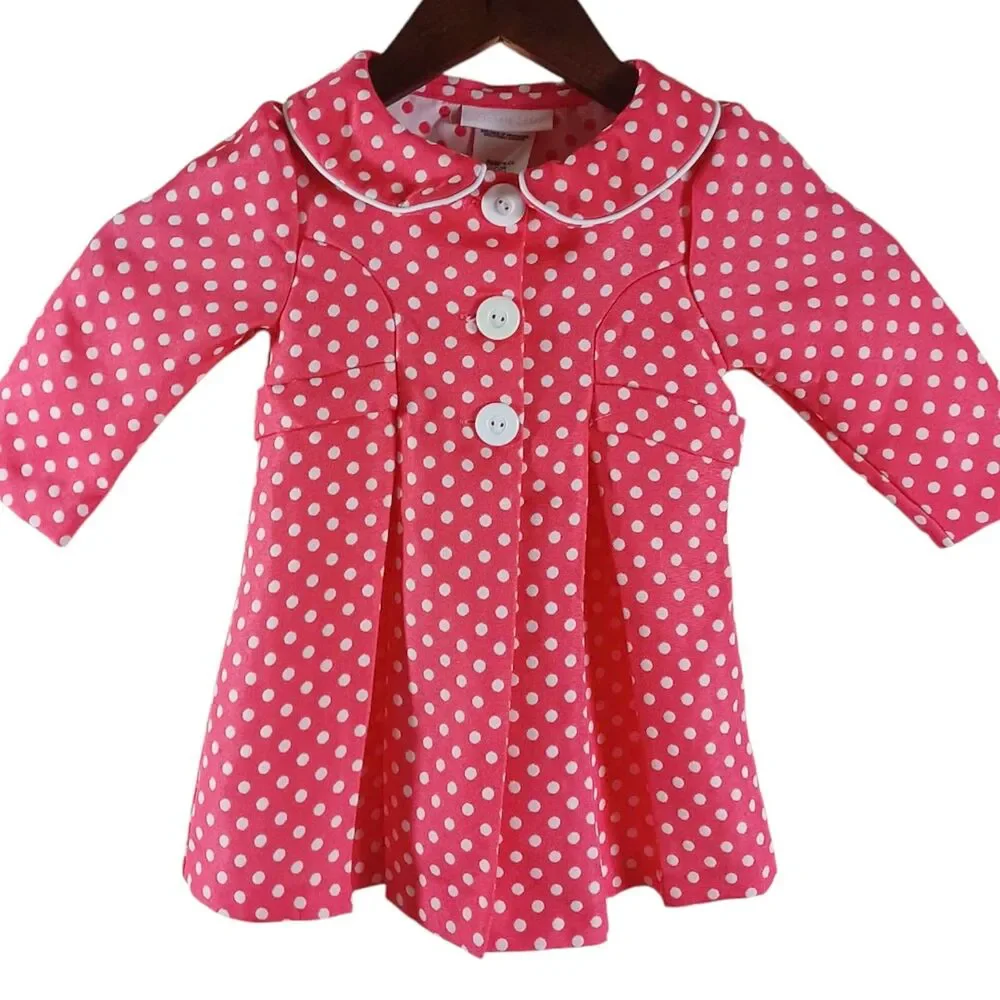 Bonnie Baby Polka Dot Peacoat Jacket 12M Pink White Bow Back Vintage Style Girls